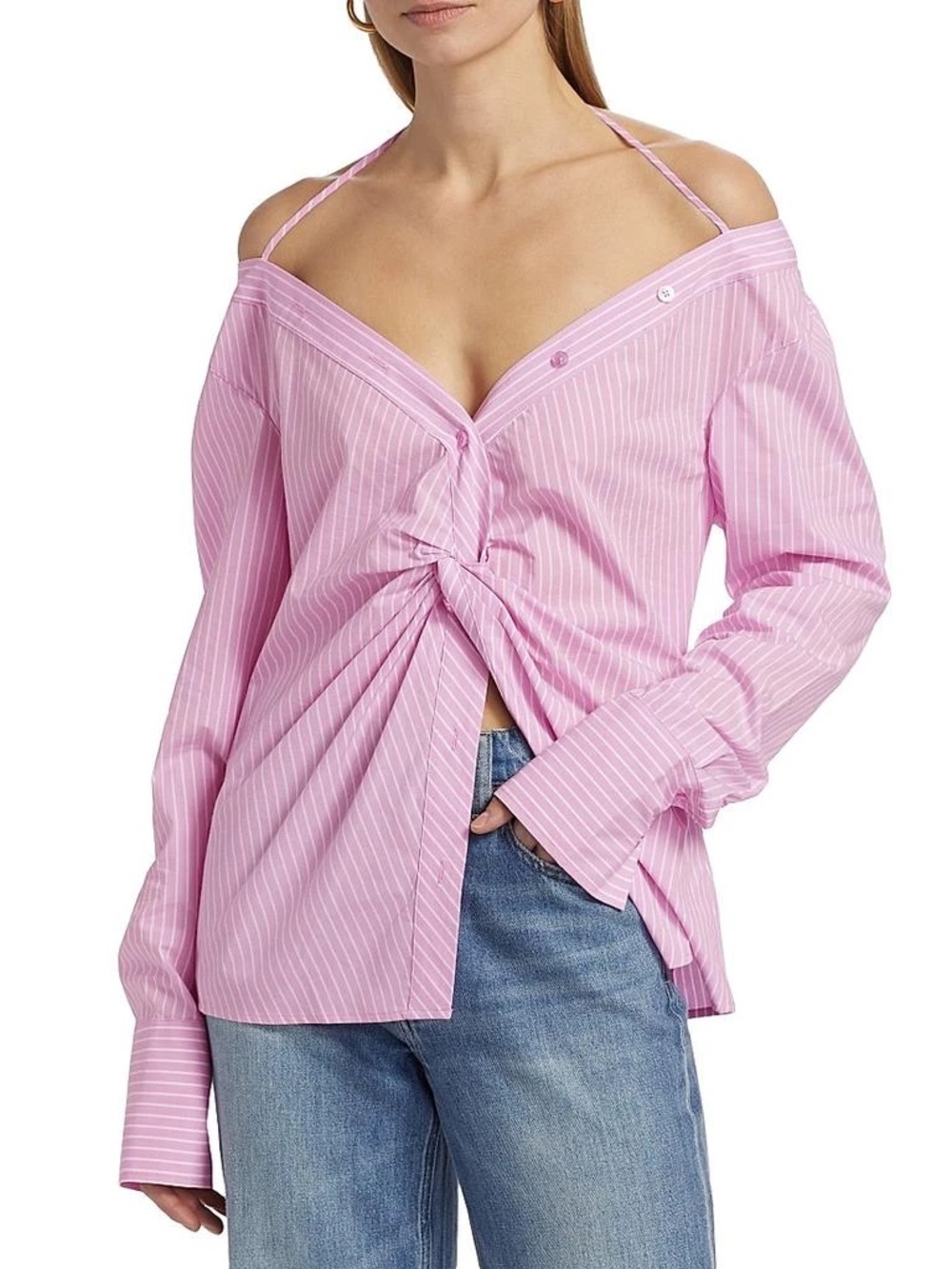 Good American Pink Striped Off-Shoulder Knot Front Shirt